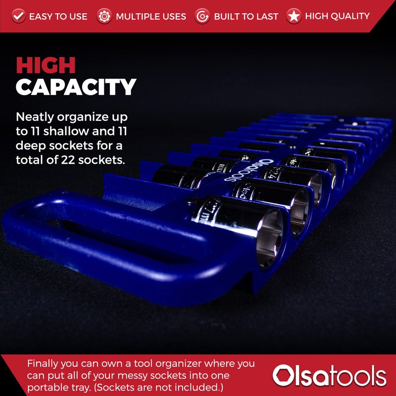 Olsa Tools Magnetic Portable Socket Organizer Tray - 1/2-Inch Drive - Blue Holder for Deep & Shallow Sockets - Fits up to 1-3/16" SAE or 30mm Metric - Quality Product for Professionals - Part 1080 - Image 3
